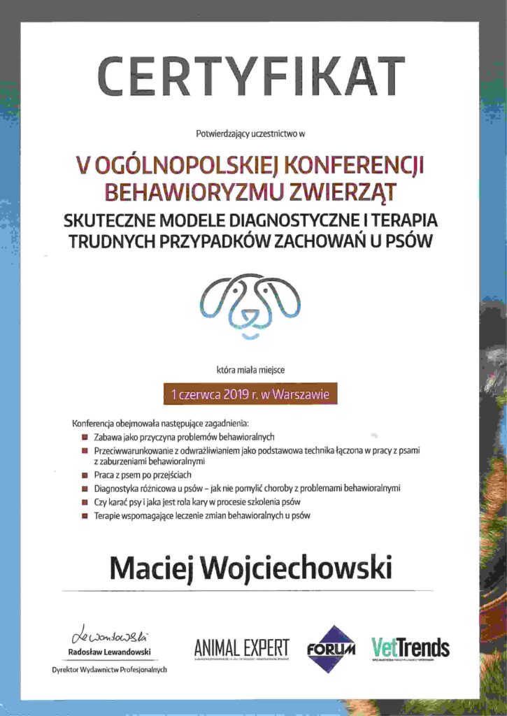 Certyfikat V Ogólnopolskiej Konferencji Behawioryzmu Zwierząt - Maciej Wojciechowski - szkolenia dla psów Nie Ma To Jak Pies